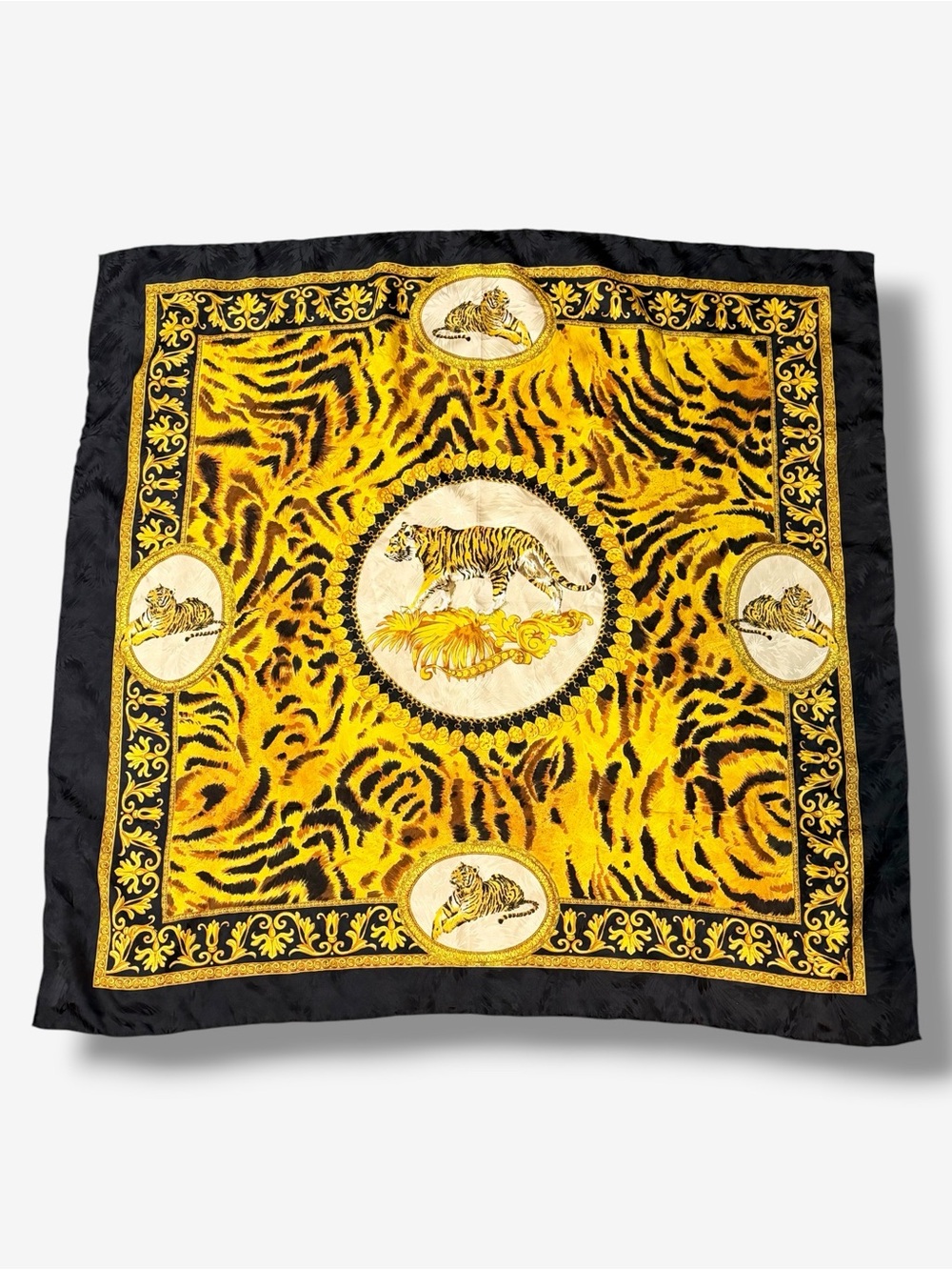Vintage Tiger Baroque Silk Scarf 34โ Giancarlo Milano Print Rolled Hem